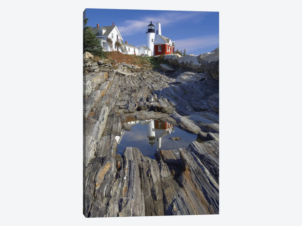 Low Angle View of the Pemaquid Point Lighthouse with Image Refelected in Tidal Pool, Maine  by George Oze 1-piece Art Print