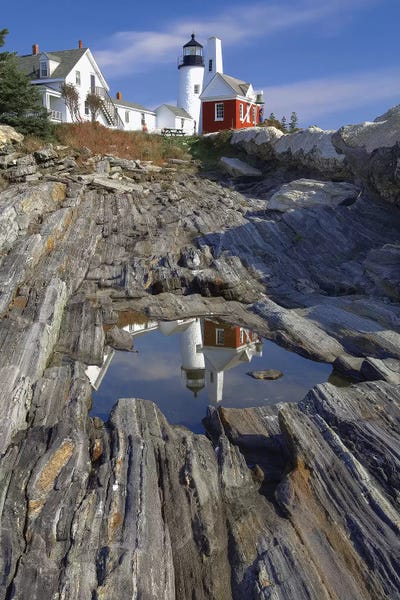 George Oze: Low Angle View of the Pemaquid Point Lighthouse with Image Refelected in Tidal Pool, Maine  by George Oze
