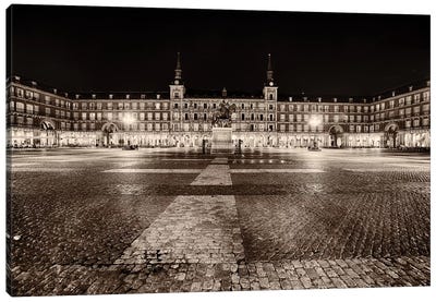 Low Angle View of the Plaza Mayor at Night, Madrid, Spain Canvas Art Print - Sculpture & Statue Art