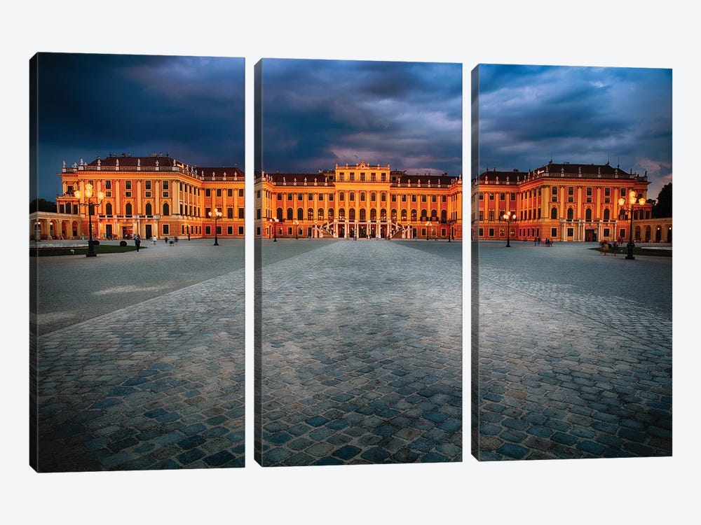 Main Entrance View of the Schonbrunn Palace at Night 3-piece Canvas Artwork