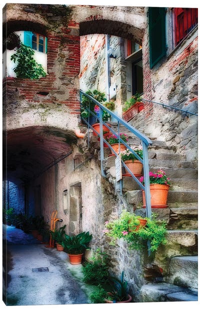 Narrow Street with Stairs, Corniglia, Cinque Terre, Liguria, Italy Canvas Art Print - Stairs & Staircases