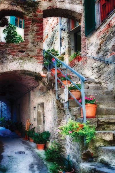 George Oze: Narrow Street with Stairs, Corniglia, Cinque Terre, Liguria, Italy by George Oze