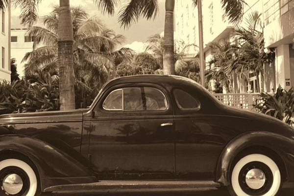 Sepia Photography: Old Car on Ocean Boulevard, Miami Beach, Florida by George Oze