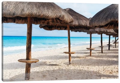 Palapas Lined up on the Beach, Cancun, Mexico Canvas Art Print - George Oze