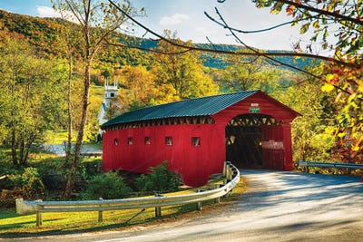Red Covered Bridge and a Curch, Vermont by George Oze art print