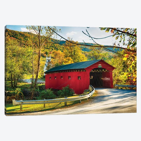 Red Covered Bridge and a Curch, Vermont Canvas Print #GOZ164} by George Oze Canvas Art Print