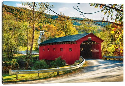 Red Covered Bridge and a Curch, Vermont Canvas Art Print - Bridge Art