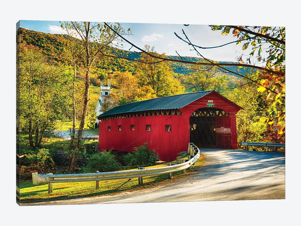 Red Covered Bridge and a Curch, Vermont by George Oze 1-piece Canvas Art