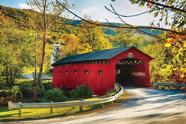 Vermont: Red Covered Bridge and a Curch, Vermont by George Oze