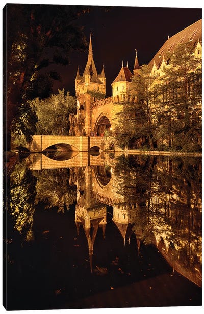 Reflections of a Castle in a Lake at Night, Budapest, Hungary Canvas Art Print - George Oze