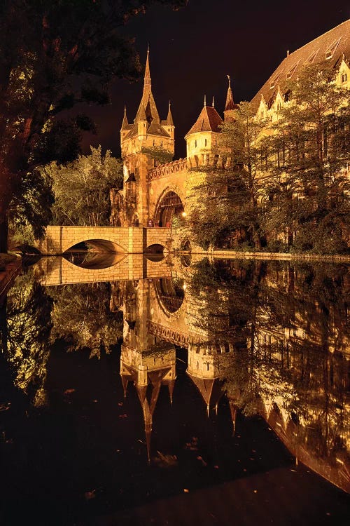 Reflections of a Castle in a Lake at Night, Budapest, Hungary