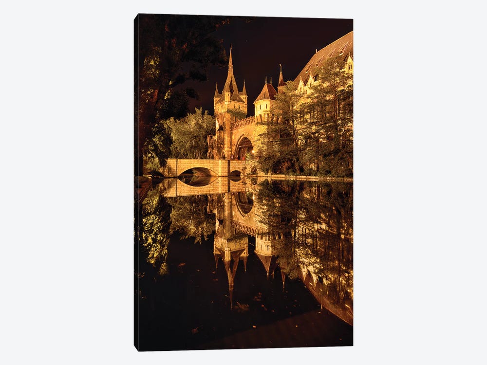 Reflections of a Castle in a Lake at Night, Budapest, Hungary by George Oze 1-piece Canvas Art