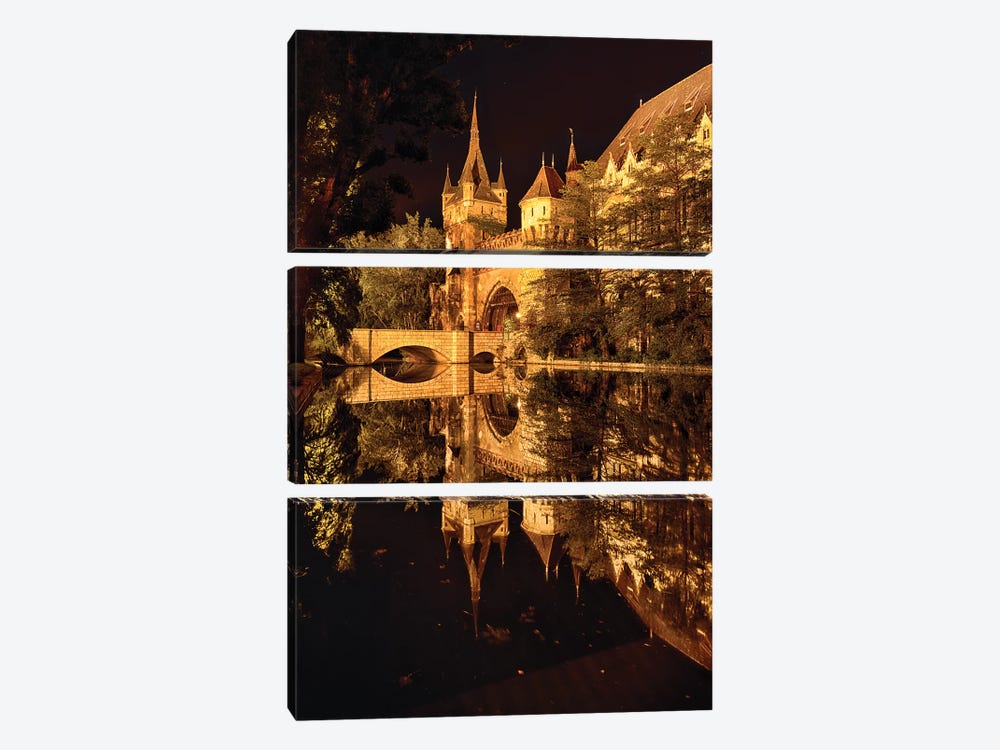 Reflections of a Castle in a Lake at Night, Budapest, Hungary by George Oze 3-piece Canvas Wall Art
