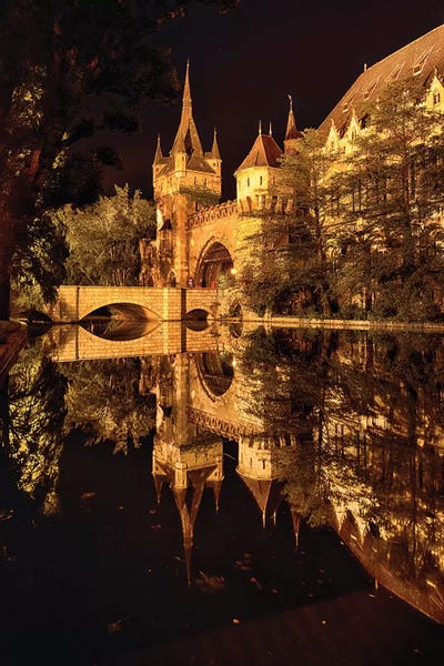 Reflections of a Castle in a Lake at Night, Budapest, Hungary
