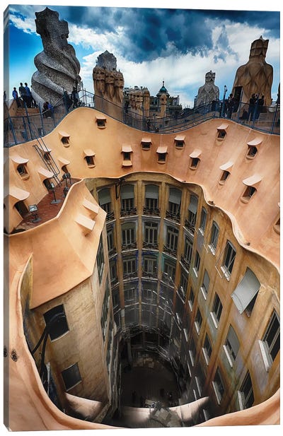 Rooftop View of Casa Mila (La Pedrera) With Group of Chimneys and Courtyard, Barcelona, Catalonia, Spain Canvas Art Print - George Oze