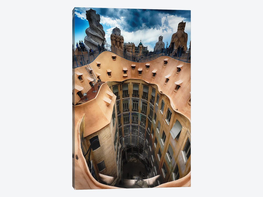 Rooftop View of Casa Mila (La Pedrera) With Group of Chimneys and Courtyard, Barcelona, Catalonia, Spain by George Oze 1-piece Canvas Wall Art