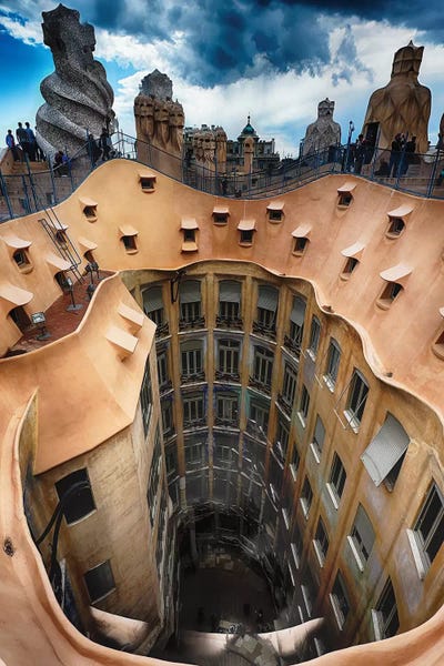 Spain: Rooftop View of Casa Mila (La Pedrera) With Group of Chimneys and Courtyard, Barcelona, Catalonia, Spain by George Oze