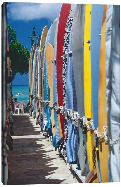 Row of Colorful Surfoards, Waikiki Beach Canvas Art Print - George Oze