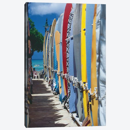 Row of Colorful Surfoards, Waikiki Beach Canvas Print #GOZ175} by George Oze Canvas Art
