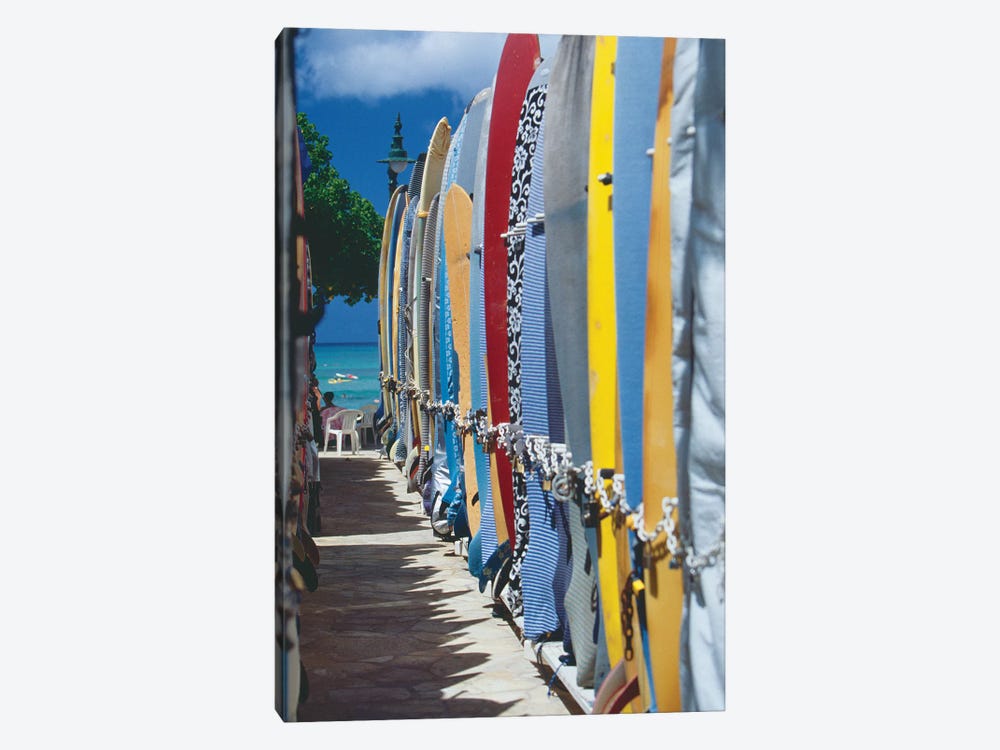 Row of Colorful Surfoards, Waikiki Beach by George Oze 1-piece Canvas Artwork