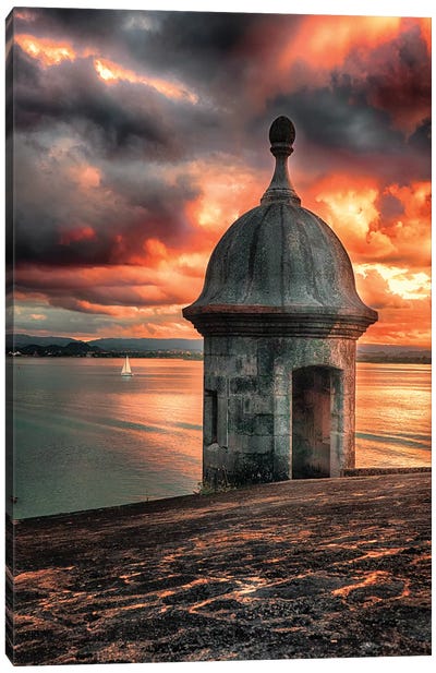 San Juan Bay Sunset with a Sentry Post Canvas Art Print - Sunrises & Sunsets Scenic Photography