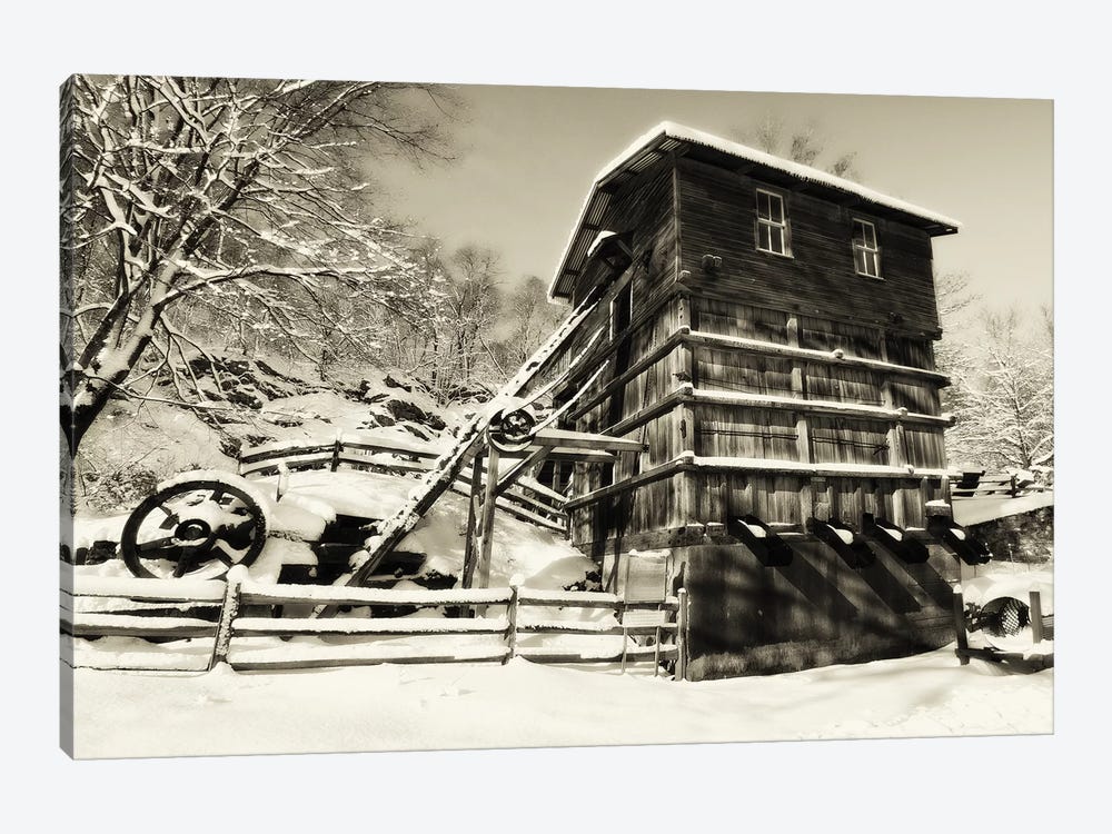 Snow Covered Historic Quarry Building, Clinton Red Mill Village, New Jersey by George Oze 1-piece Canvas Print