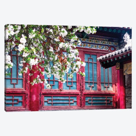 Blooming Tree in front of a traditional Chinese Building, Beilin, Xian, China Canvas Print #GOZ18} by George Oze Canvas Wall Art