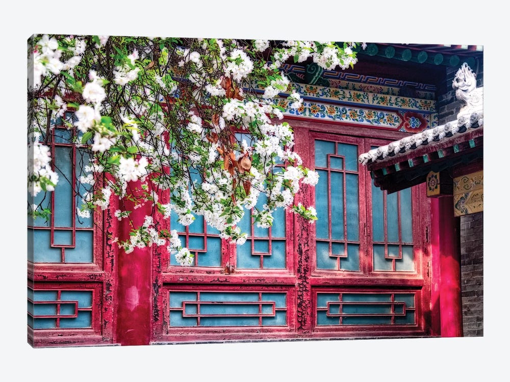 Blooming Tree in front of a traditional Chinese Building, Beilin, Xian, China by George Oze 1-piece Canvas Artwork