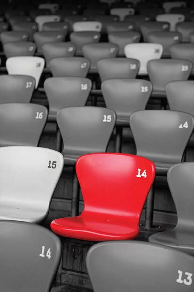 George Oze: Stadium Seats in Black and White with a Single Red Seat  by George Oze