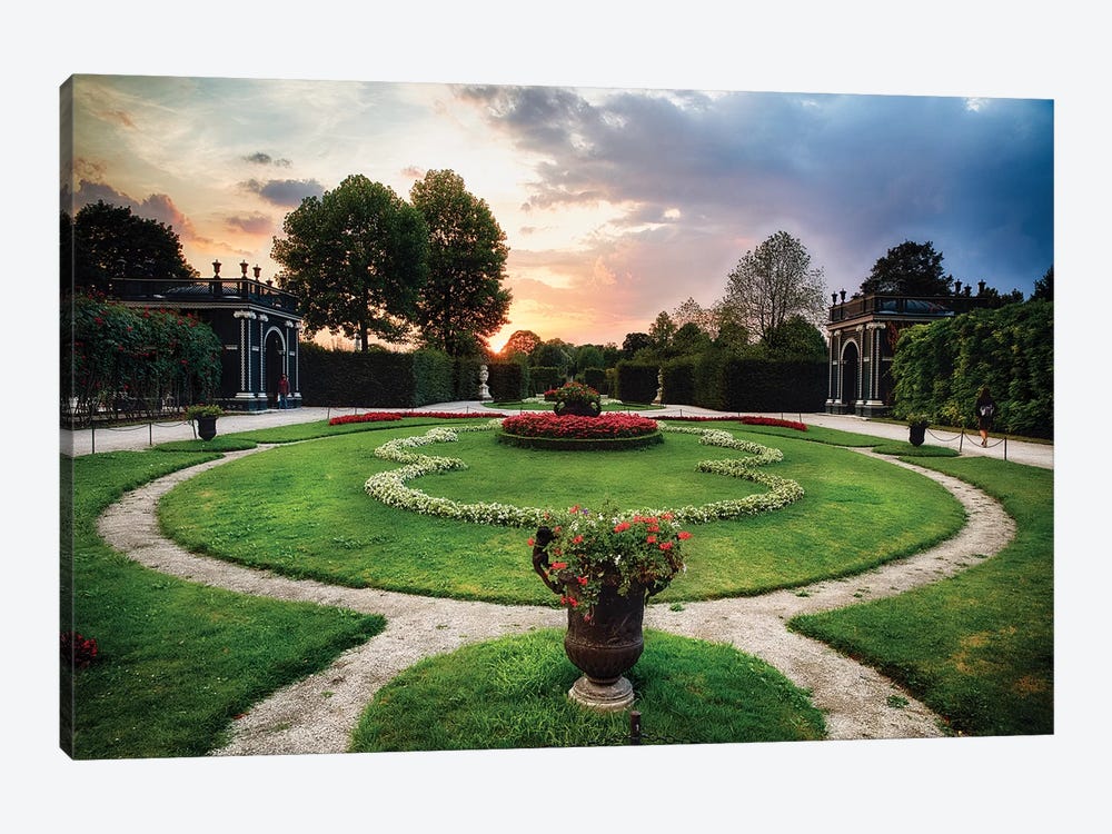 Sunset View of a Garden with Pavilions, Schonbrunn Palace, Vienna, Austria by George Oze 1-piece Canvas Print