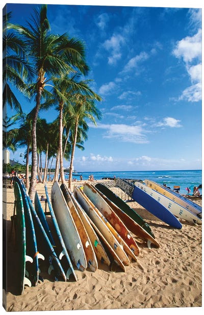 Surfboards on Waikiki Beach, Honolulu, Hawaii Canvas Art Print - Honolulu Art