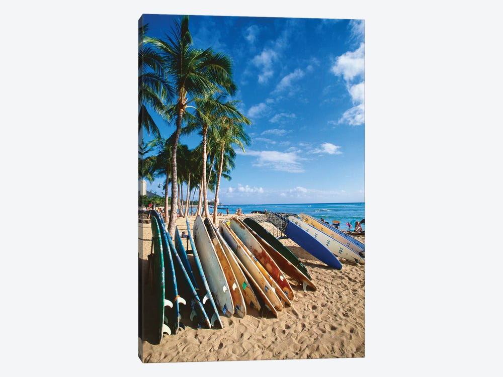 Surfboards on Waikiki Beach, Honolulu, Hawaii by George Oze 1-piece Canvas Artwork