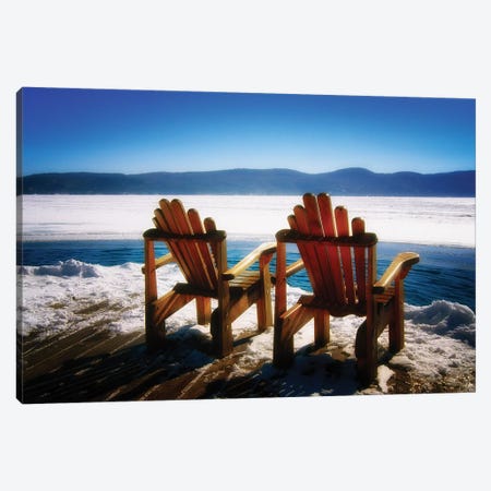 Two Adirondack Chairs on a Deck in Winter, Lake George, New York Canvas Print #GOZ213} by George Oze Canvas Wall Art