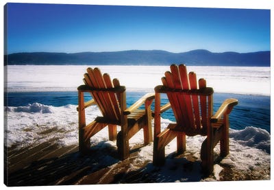 Two Adirondack Chairs on a Deck in Winter, Lake George, New York Canvas Art Print - George Oze