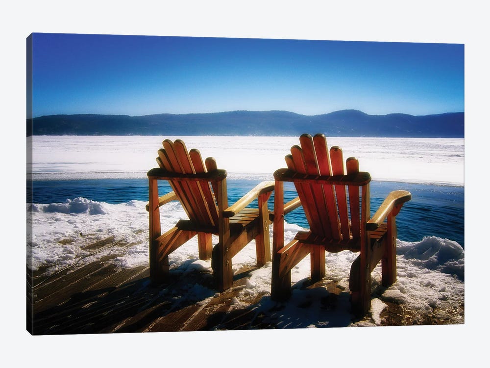 Two Adirondack Chairs on a Deck in Winter, Lake George, New York by George Oze 1-piece Canvas Wall Art