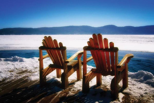 Snowscapes: Two Adirondack Chairs on a Deck in Winter, Lake George, New York by George Oze