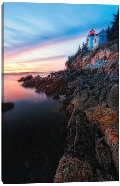 Vertical View of a Lighthouse on a Cliff at Sunset, Bass Harbor Head Lighthouse, Maine Canvas Art Print - George Oze