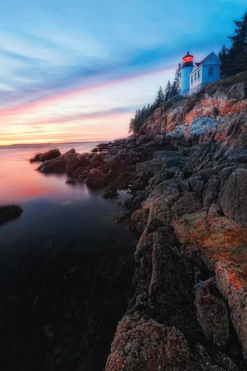 Vertical View of a Lighthouse on a Cliff at Sunset, Bass Harbor Head Lighthouse, Maine