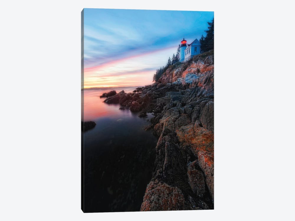 Vertical View of a Lighthouse on a Cliff at Sunset, Bass Harbor Head Lighthouse, Maine by George Oze 1-piece Canvas Artwork