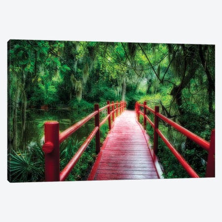 View of a Red Wooden Footbridge in a Southern Marshy Garden, Magnolia Plantation, Charleston, South Carolina Canvas Print #GOZ220} by George Oze Art Print