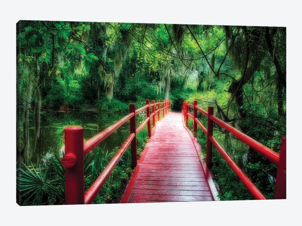 View of a Red Wooden Footbridge in a Southern Marshy Garden, Magnolia Plantation, Charleston, South Carolina by George Oze 1-piece Canvas Artwork
