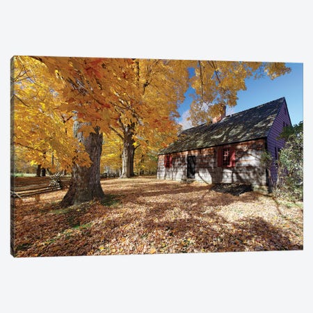 View of the Historic Wicks Farmhouse Through Colorful Fall Foliage, Jockey Hollow State Park, New Jersey Canvas Print #GOZ224} by George Oze Canvas Wall Art