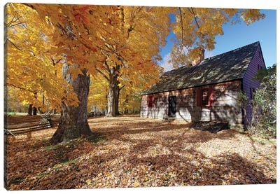 View of the Historic Wicks Farmhouse Through Colorful Fall Foliage, Jockey Hollow State Park, New Jersey Canvas Art Print - New Jersey Art