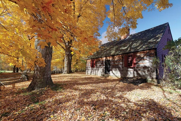 New Jersey: View of the Historic Wicks Farmhouse Through Colorful Fall Foliage, Jockey Hollow State Park, New Jersey by George Oze