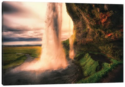 View of the Seljalandsfoss Waterfall Behind from a Cave at Sunset, Iceland Canvas Art Print - George Oze