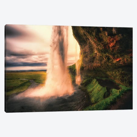View of the Seljalandsfoss Waterfall Behind from a Cave at Sunset, Iceland Canvas Print #GOZ226} by George Oze Canvas Artwork