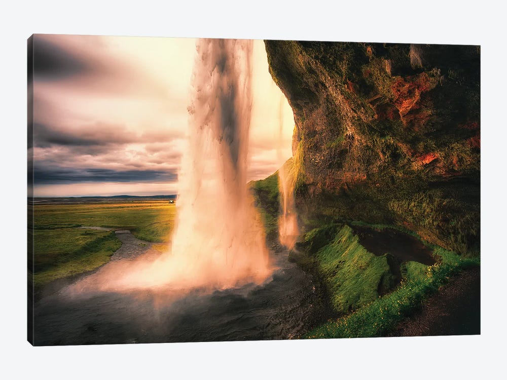 View of the Seljalandsfoss Waterfall Behind from a Cave at Sunset, Iceland by George Oze 1-piece Canvas Artwork