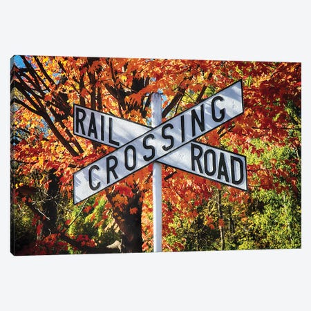 Vintage Rail Crossing  Sign in a Bright Autumn Day Canvas Print #GOZ228} by George Oze Art Print