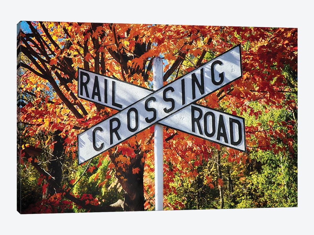 Vintage Rail Crossing  Sign in a Bright Autumn Day by George Oze 1-piece Canvas Art