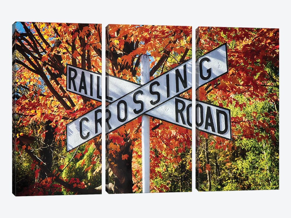 Vintage Rail Crossing  Sign in a Bright Autumn Day by George Oze 3-piece Canvas Art